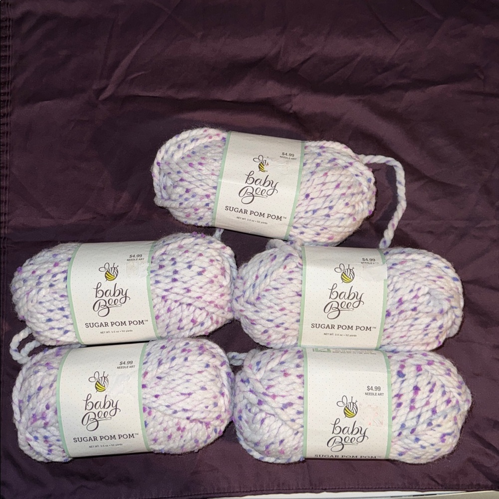 5 NEW Baby Bee Sugar Pom Pom Yarn 3.5oz each